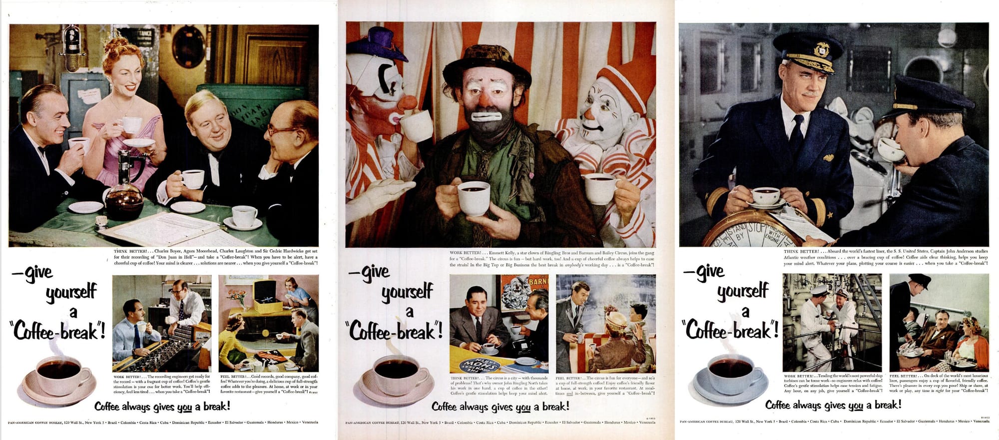 Three ads with the slogan "Give yourself a 'Coffee-break!'"