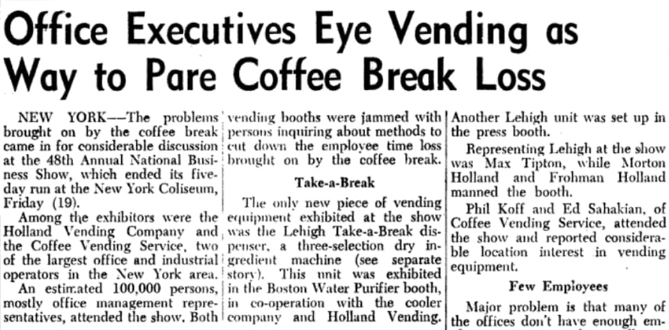 Billboard headline: Office Executives Eye Vending as Way to Pare Coffee Break Loss