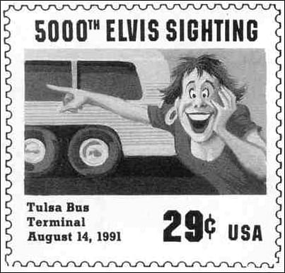 A parody stamp commemorating the 5000th Elvis sighting.