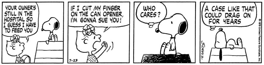Sally threatens to sue Snoopy.