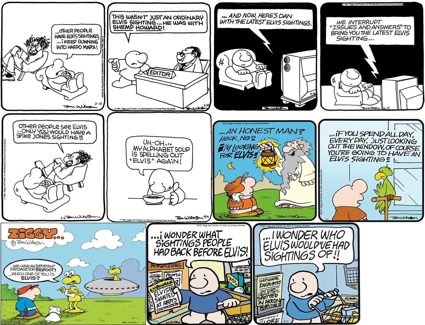 A collage of Ziggy comics with Elvis punchlines.