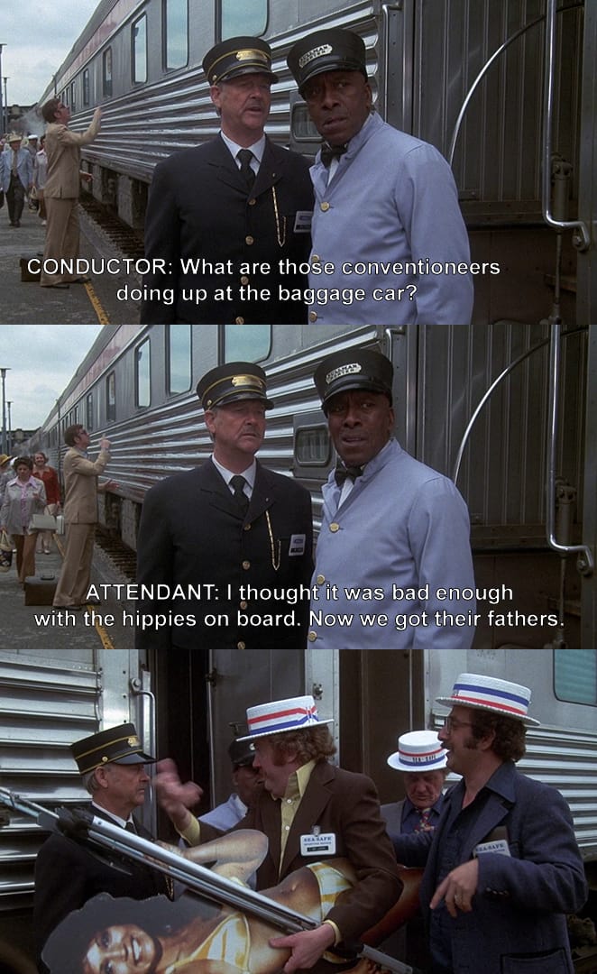 Screenshots from Silver Streak. A train conductor and attendant complain about annoying conventioneers.