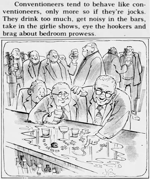 An illustration of older white conventioneers at a bar.