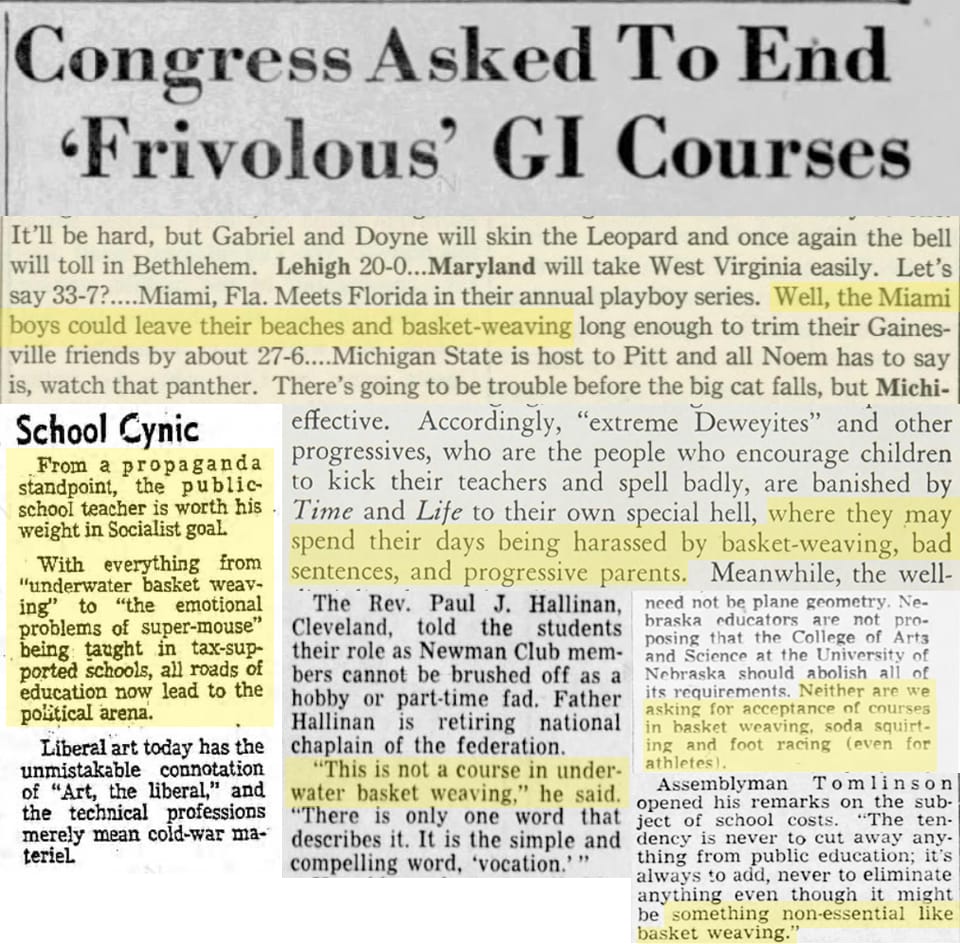 A collage of newspaper and magazine clips using basket-weaving derogatorily.