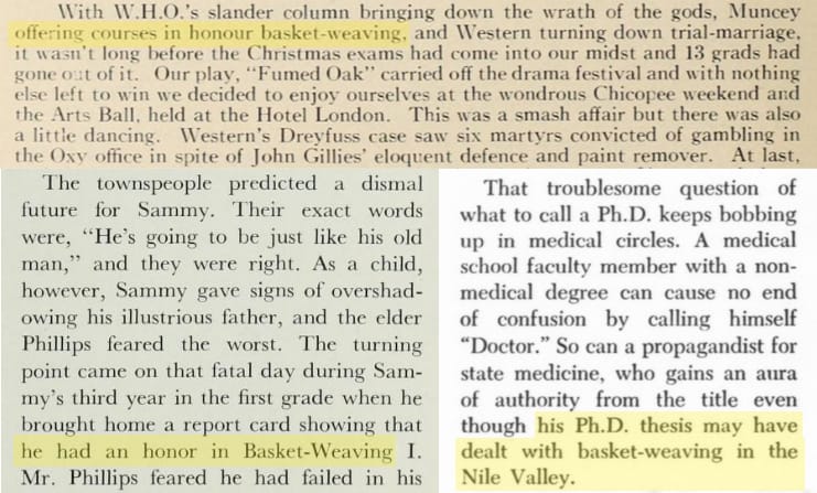 Yearbook captions showing "honor basket-weaving" jokes, and a medical journal with a joke about "basket-weaving in the Nile Valley."