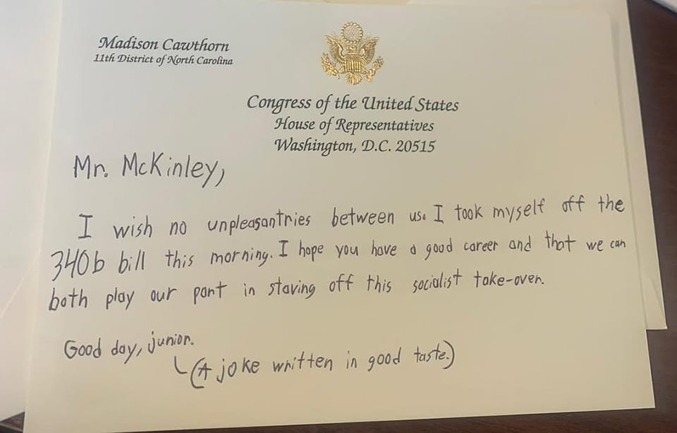 Atrocious handwriting on Madison Cawthorn's congressional letterhead.