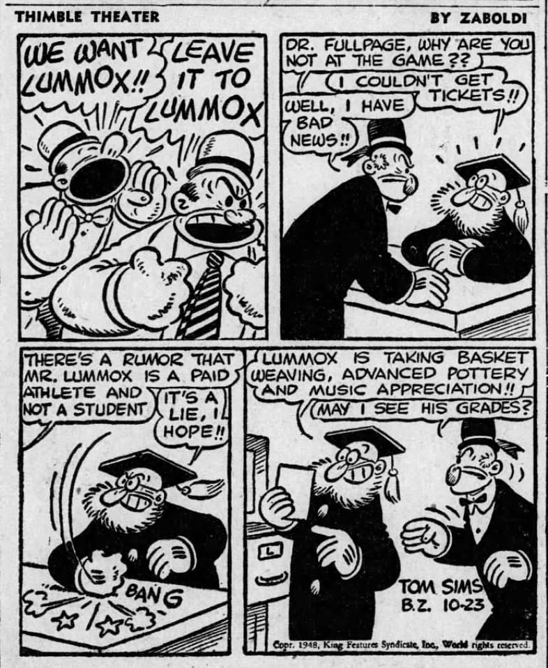 A Thimble Theater comic about a paid college athlete.